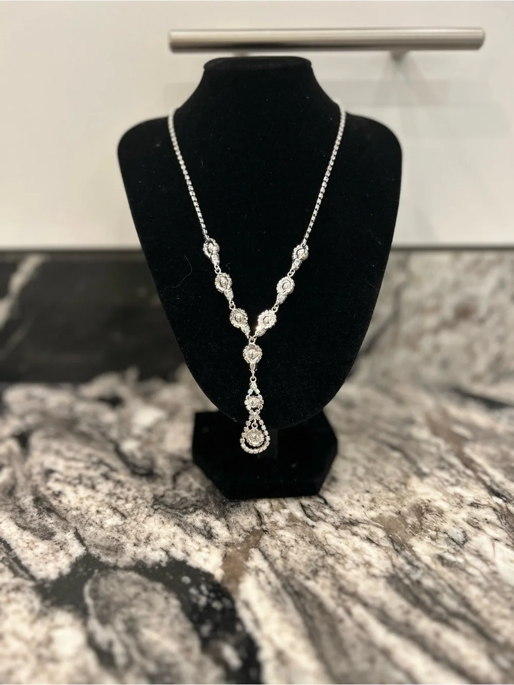 Pearl and Crystal Y-Drop Necklace - Silver Tone Sensitive Skin